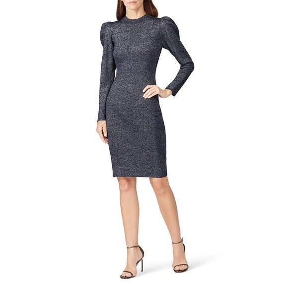 Sachin & Babi Medium Amelie Metallic Knit Dress Navy Blue Puff Sleeve Cocktail - Picture 1 of 11